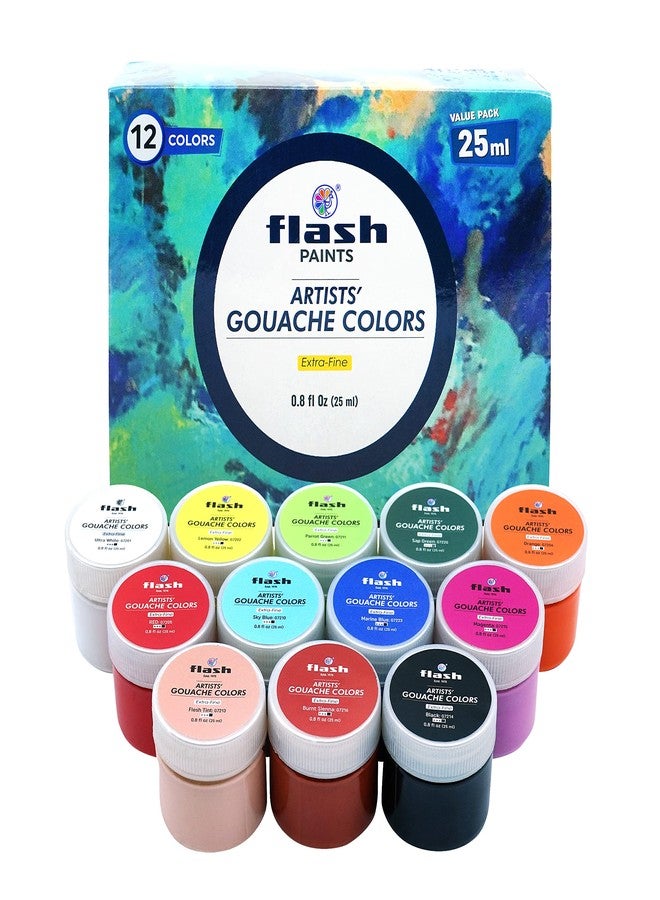 Flash Gouache Paint Set | 12 Colors | 25 Ml, 0.8 Fl Oz Each | Matt Finish | Rich Pigments Vibrant Non Toxic Paints For Professional Artists Hobby Painters & Kids (Set Of 12 Colours), Multi - Image 1